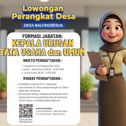 Dibuka! Lowongan Kepala Urusan Tata Usaha & Umum Desa Balongbesuk